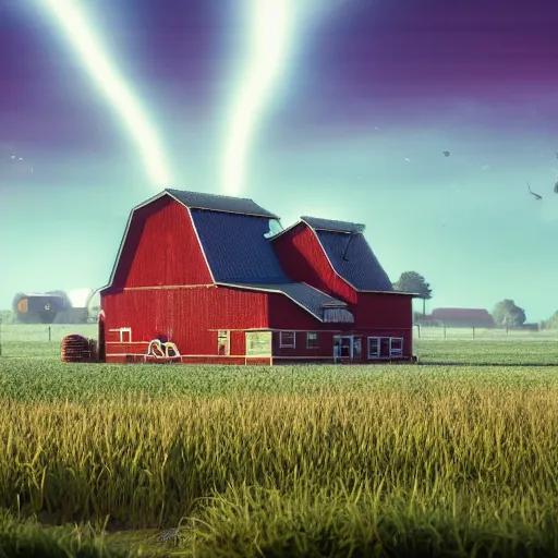 Image similar to country farm in the future, the image is like beautiful dream, 4k post-processing highly detailed, art station, unreal engine + cinematography by Wes Anderson, Wide angle shot, futuristic, volumetric light, Fuji film, intricate detail, hyperreal, hyperrealistic, 4K, Octane render, unreal engine cinematic, sublime atmosphere,