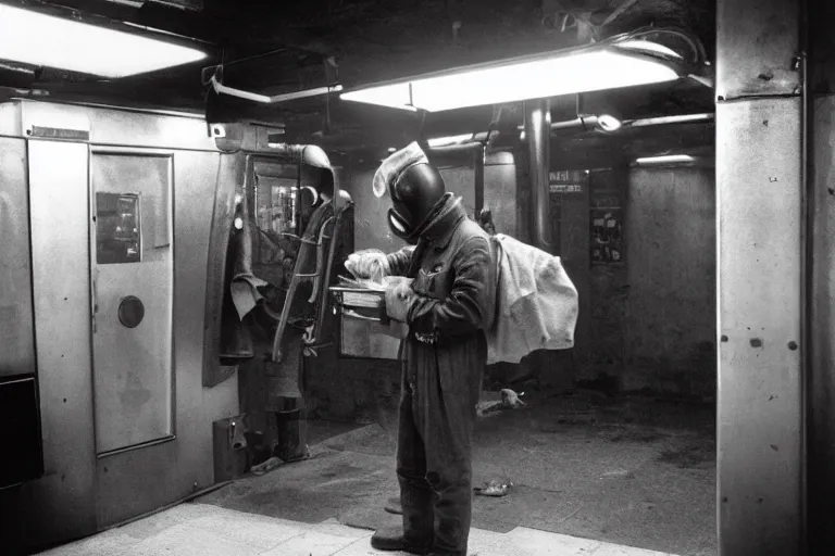 Image similar to Welder in welding mask in a subway, by Richard Avedon, tri-x pan stock