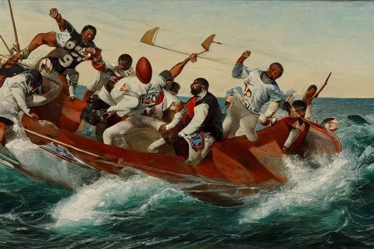 Image similar to a rowboat filled with nfl players in football helmets and pads, one has a harpoon, they are chasing a whale, american oil painting