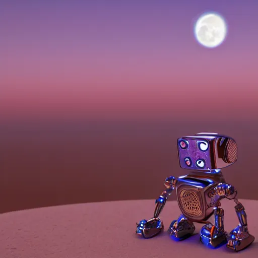 Prompt: blue godot robot ponders looking up at the moon, thinking, lunar beauty, atmospheric scattering, vray