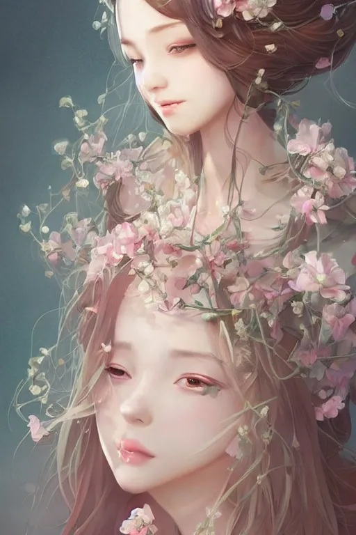 Image similar to romantic and fashion and love princess of the flower with sheath dress, 8 k realistic, teenager girl, baroque, symmetrical, flowing hair, smile, trending pinterest and pixiv, muted colors, hyperrealistic, l close up shot, character concept art, face by kyoung hwan kim, alexandra fomina, ilya kuvshinov