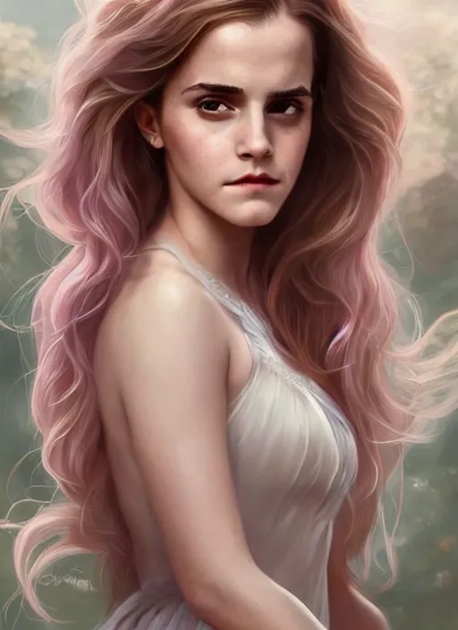 Image similar to emma watson as nature magic celestial, long hair, soft pink and white transparent cloth, space, D&D, shiny background, intricate, elegant, highly detailed, digital painting, artstation, concept art, smooth, sharp focus, illustration, artgerm, bouguereau