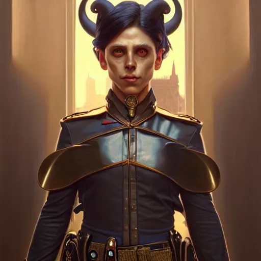Prompt: portrait painting of a friendly tiefling police officer, ultra realistic, concept art, intricate details, eerie, highly detailed, photorealistic, octane render, 8 k, unreal engine. art by artgerm and greg rutkowski and magali villeneuve and alphonse mucha