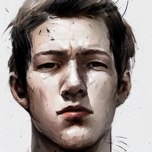 Image similar to portrait of a man by greg rutkowski, he looks like tye sheridan, he is about 2 0 years old, messy brown hair, tired eyes, he is wearing a black and white kevlar superhero suit, highly detailed portrait, digital painting, artstation, concept art, smooth, sharp foccus ilustration, artstation hq