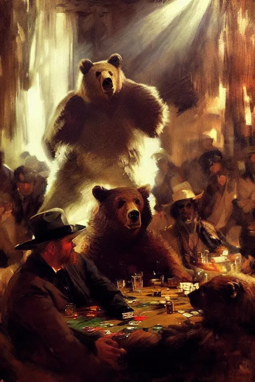 Image similar to portrait of bear gambling in the club by anders zorn, wonderful masterpiece by greg rutkowski, beautiful cinematic light, by greg manchess, jessica rossier