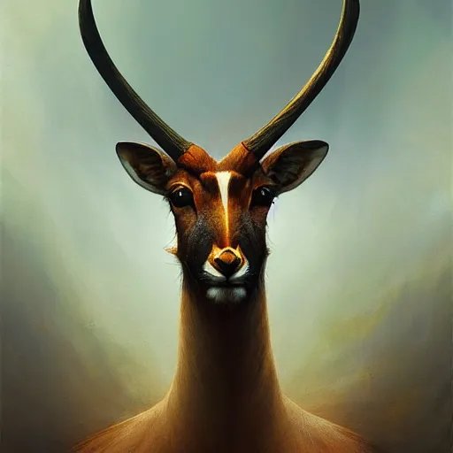 Image similar to a dramatic head portrait of a antelope in tiger skin, cinematic lighting, symmetric face by karol bak, christopher balaskas