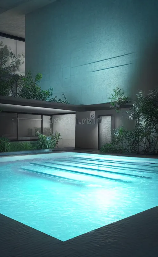 Prompt: swimming pool at night, soft render, volumetric lighting, 3d aesthetic grainy illustration, cgsociety