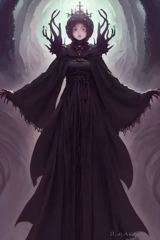 Image similar to a beautiful eldritch priestess girl standing on an altar wearing thick black robes | | lofi cute - fine - face, pretty face, fine details by stanley artgerm lau, wlop, rossdraws, james jean, andrei riabovitchev, marc simonetti, and sakimichan, trending on artstation