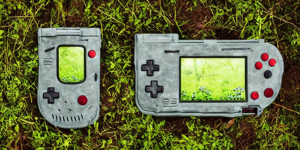 Prompt: Plastic diorama of a decaying and rotting Nintendo Gameboy console in a lush forest. there is grass and flowers growing from the Gameboy. Topdown view.