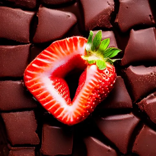 Prompt: macro photography studio lighting 3 point light of large strawberry dipped in melted dark chocolate award winning