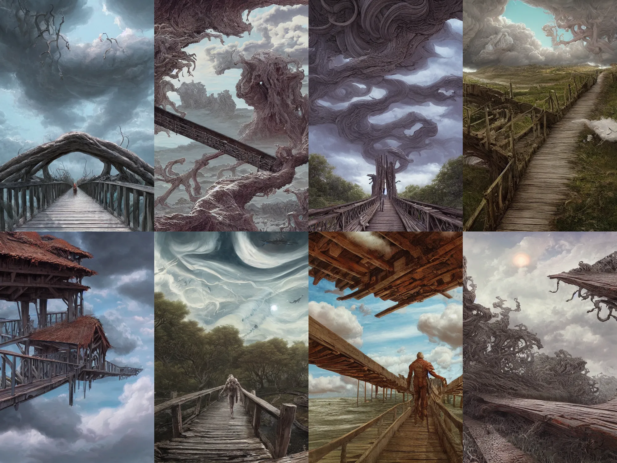 Prompt: walking on an old wood bridge towards a white castle, swirly clouds in the background, art by James Jean and Wayne Barlowe, high detail, cinematic, cgsociety 8k