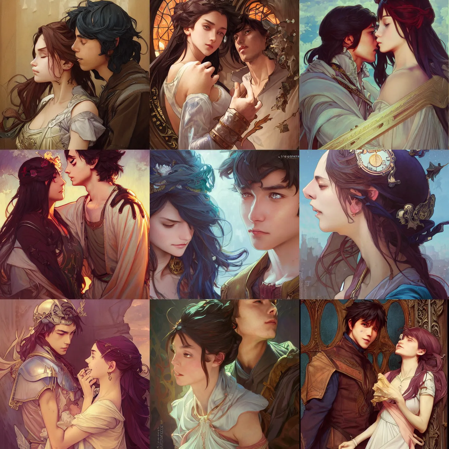 Prompt: romeo and juliet, art by artgerm and greg rutkowski and magali villeneuve and alphonse mucha and rossdraws and makoto shinkai, d & d, fantasy, portrait, highly detailed, headshot, digital painting, trending on artstation, concept art, sharp focus, illustration