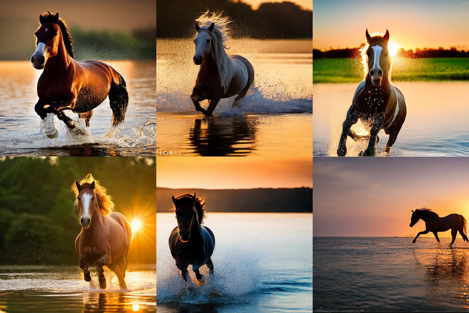 Prompt: horse running through water in slow motion with the sun setting in the background, golden hour, 4k, animal, nature, Sony A7R III, 85mm, f/1.8, 2018