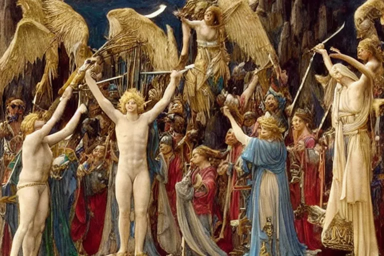 Prompt: an angelic being descends from the clouds holding five swords and below a crowd of shouting villagers wave their hands in the air, painting by jeanne delville, extremely detailed, award - winning,