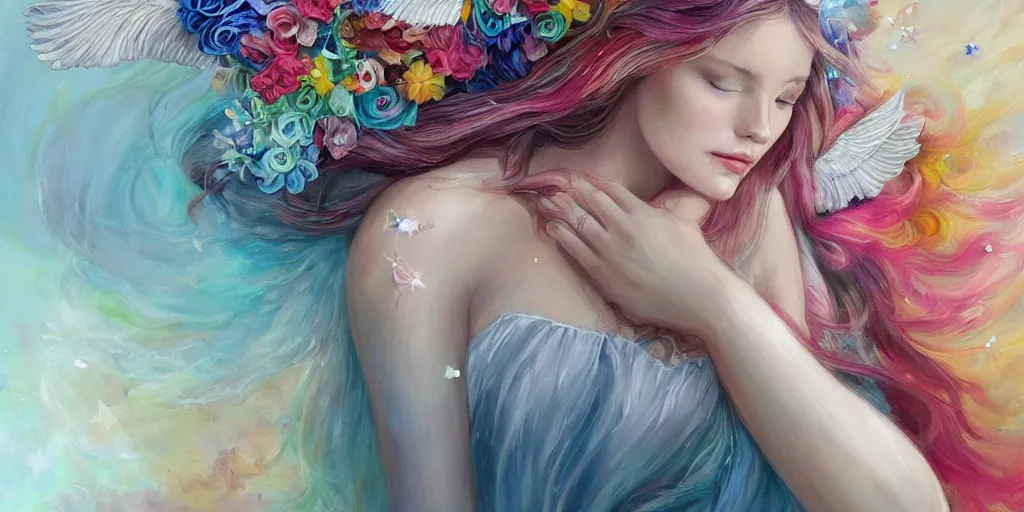 Image similar to a colorful and provenance portrait painting of a angel with her hugeflowers wings spread out gracefully ， detailed, highly detailed, hair made of hair made of air wind and curling smoke, mist, dust, genie, flowers, flower, stars, spirit fantasy concept art ， art by charlie bowater and aenami, trending on artstation.