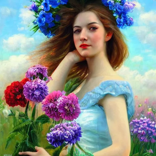 Image similar to a portrait of a romantic woman with flowers grow out of hair, roses peonies forget-me-nots dahlias lupins gladioli, sky theme in background, by Alexandr Averin, Digital Art, Trending on artstation