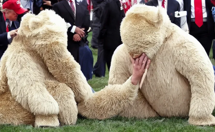 Image similar to Donald Trump in a baby mammoth costume , with an open face