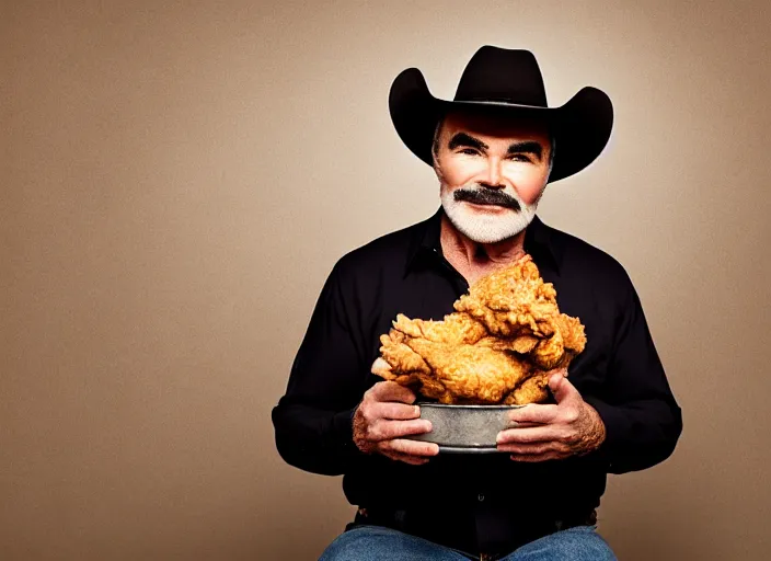 Image similar to studio portrait photo still of 3 0 year old burt reynolds at age 3 0 3 0 years old!!!! wearing a cowboy hat holding a bucket of fried chicken, 8 k, 8 5 mm f 1. 8, studio lighting, rim light, right side key light