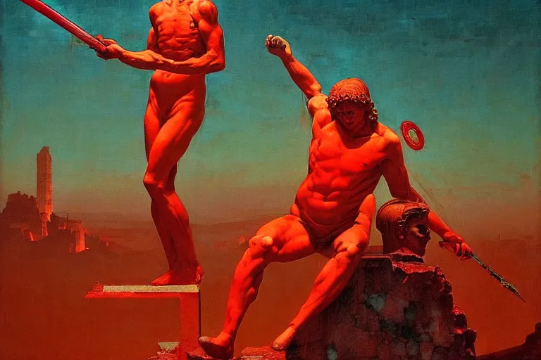 Image similar to only with red, a red melted apollo with a laurel wreath and a flaming sword announce win, athens in background, in the style of beksinski, parts by edward hopper, parts by rodcenko, parts by yue minjun, intricate and epic composition, red by caravaggio, insanely quality, highly detailed, masterpiece, red light, artstation, 4 k