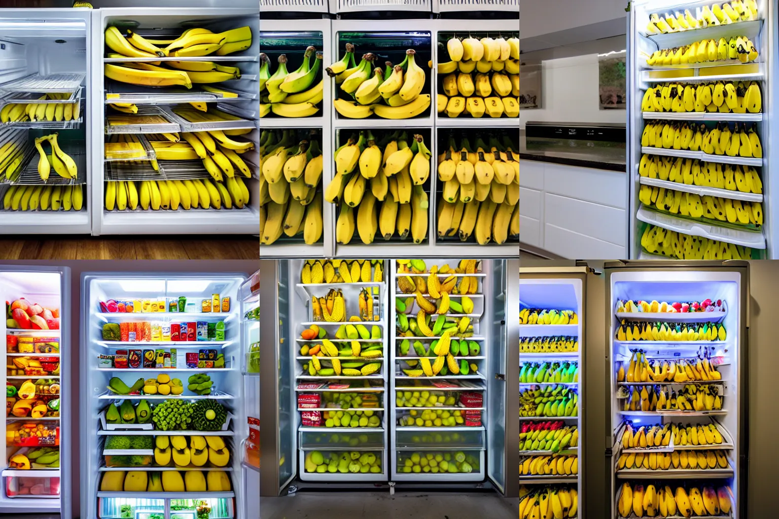 Prompt: a photo of a refrigerator filled with bananas, flash photography