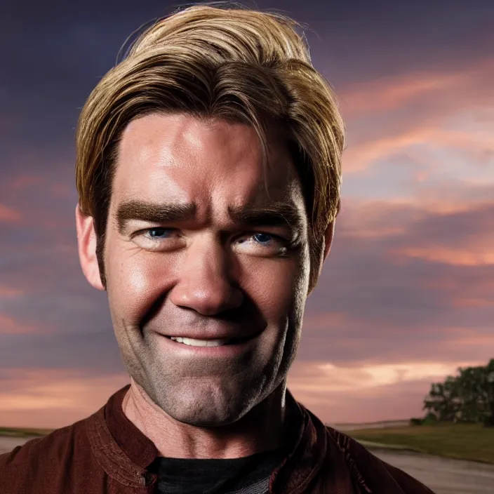 Prompt: portrait of middle aged antony starr as homelander from the boys ( 2 0 1 9 ), smiling. looking towards the camera, by brandon stanton. blonde hair. detailed, 4 k, morning hour.