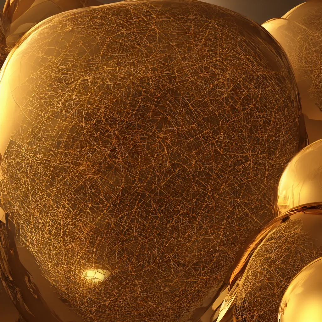 Image similar to a large translucent gold sphere with a red translucent sphere inside, the red sphere holds a city inside of it, photo realistic, 8k, octane rendered, highly detailed