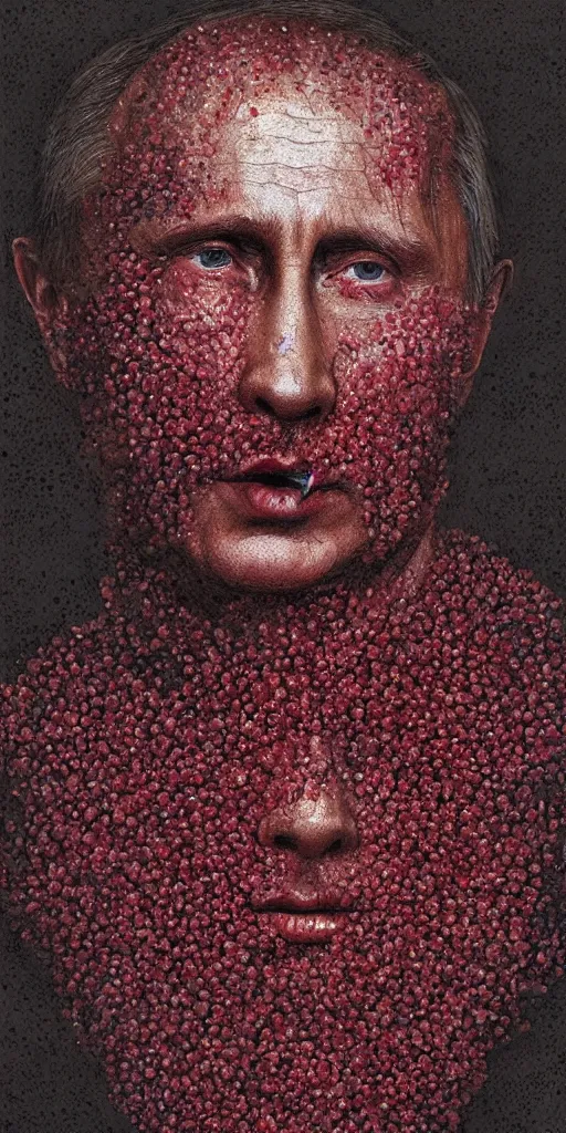 Image similar to portrait of vladimir putin's face made up of bloodworms, james gurney, greg rutkowski, photorealistic, hyperdetailed