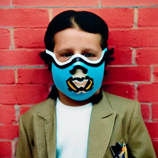 Image similar to 8 0 s school portrait of a boy wearing a luchador mask, wes anderson, realistic photo