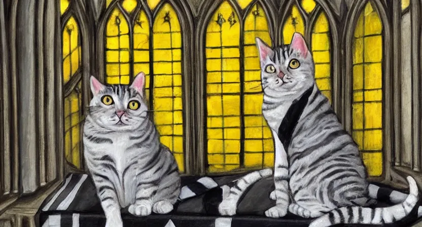 Image similar to oil painting extreme wide shot of a white and grey tabby cat wearing a black yellow striped hufflepuff scarf, in the Gloucester Cathedral cloisters, digital painting, high detail, award-winning, playful