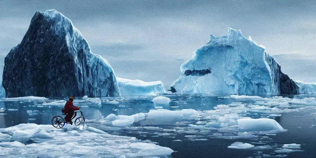 Prompt: A majestic arctic landscape featuring an iceberg and frozen sea. There is a man riding a bicycle. Snow is falling. Cinematic, very beautiful, painting in the style of Lord of the rings