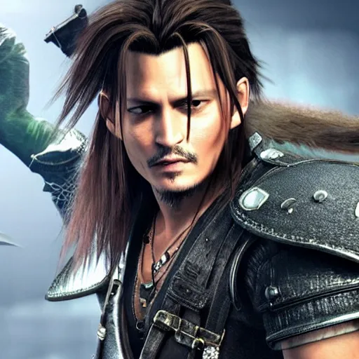 Prompt: johnny depp in final fantasy vii remake, character render, full body shot, highly detailed, in game render