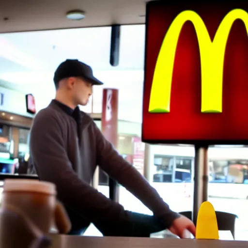 Prompt: photograph of a man with a inverted head begging for food at mc donalds, 8k resolution, high detail, ULTRA REALISTIC VFX, reflections