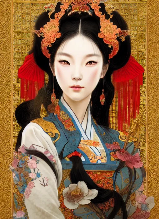 Image similar to portrait of a beautiful nekomimi, decorated with chinese opera motifs, royal, fine china, wuxia, traditional chinese art intricate intense elegant highly detailed digital painting artstation concept art smooth sharp focus illustration, art by ruan jia and zeen chin and alphonse mucha, 8 k