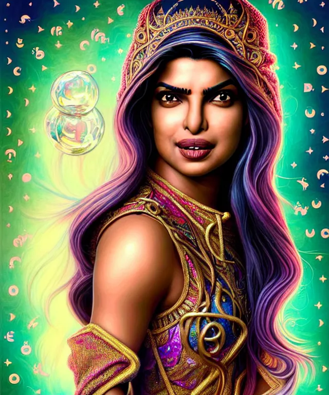 Image similar to Portrait of Priyanka Chopra , D&D, fantasy, intricate, richly detailed colored pencil 3D illustration of a beautiful with long metallic hair wearing a hoodie and short shorts that is evil and happy. mirrored background with completely rendered reflections, art by Range Murata and Artgerm highly detailed, digital painting, trending on artstation, sharp focus, illustration, style of Stanley Artgerm, perfect smile and tooth