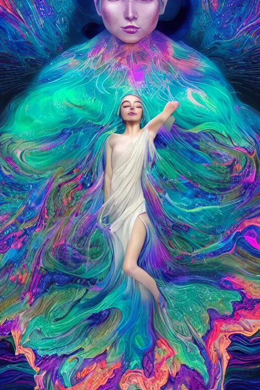 Image similar to overdetailed maximalist fullbody portrait of a beautiful female energy being transcending to her true form while floating over a surreal landscape. Made by oozium, inspired by silvio vieira, overpainted by loish. 8k 3d realistic render. Bright, sacred, spiritual, dawn, backlit, calm, relaxed, dynamic, ethereal, arcane, intricate, mysterious, dramatic, cinematic. Seen from below