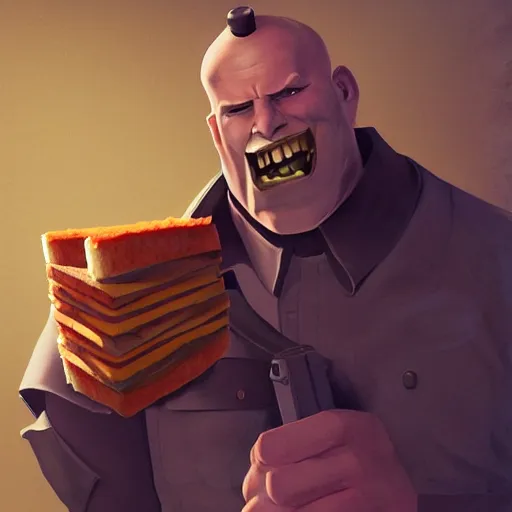 Image similar to the heavy from team fortress 2 eating a sandwhich, au naturel, hyper detailed, digital art, trending in artstation, cinematic lighting, studio quality, smooth render, unreal engine 5 rendered, octane rendered, art style by klimt and nixeu and ian sprigger and wlop and krenz cushart