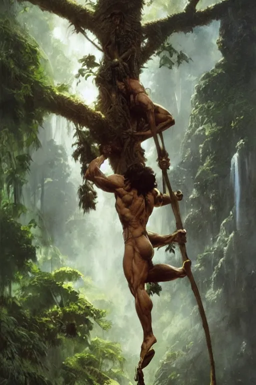 Image similar to tarzan swinging from a tree, by Frank Frazetta, Greg Rutkowski, Boris Vallejo, epic fantasy character art, Exquisite detail, post-processing, low angle, masterpiece, cinematic