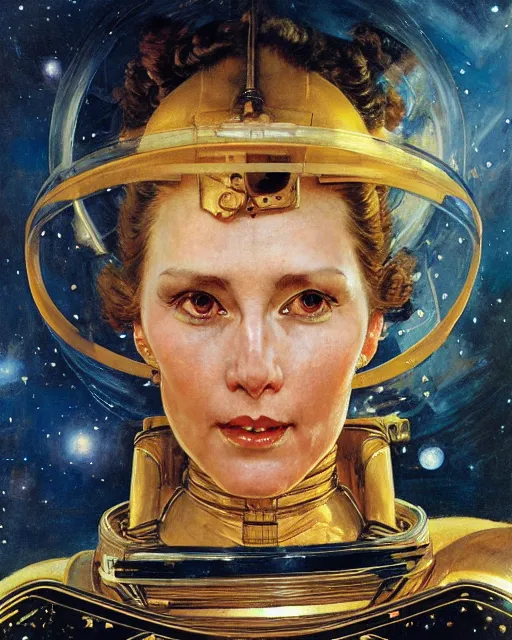 Prompt: head portrait of striking mature space woman, empress in golden robes, by norman rockwell, roberto ferri, daniel gerhartz, edd cartier, jack kirby, howard v brown, ruan jia, tom lovell, frank r paul, dean cornwell, astounding stories, amazing, fantasy, other worlds