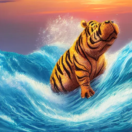 Image similar to a closeup photorealistic photograph of a cute smiling knitted tiger hippopotamus riding a large wave at sunset. surf in the background. professional capture. brightly lit scene. this 4 k hd image is trending on artstation, featured on behance, well - rendered, extra crisp, features intricate detail, epic composition and the style of unreal engine.