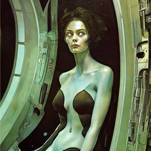 Image similar to epic masterpiece full body portrait a beautiful woman, with a beautiful face and flawless skin, lounging inside a spaceship designed by H.R. Giger, by Edgar Maxence and Ross Tran and Michael Whelan