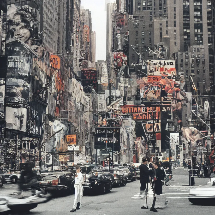 Prompt: street photography in new york from the 1 9 6 0 s, ultra detailed hyper realistic lifelike, photographed on colour film, photo taken with ektachrome, featured on unsplash