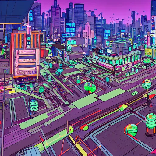 Image similar to busy street in the city of the future, wide shot, by josan gonzalez