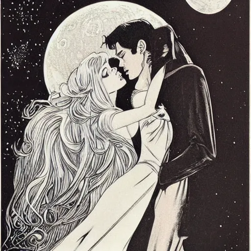 Image similar to 1 9 6 0 s drawing symmetrical pretty elegant brigitte bardot as a vampire kissing alain delon, very detailed intricate!!! intaglio, style of ( takato yamamoto )!!!, moon and stars