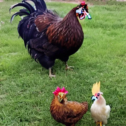 Prompt: photo soft baby hatchling chick standing near a big rooster next to a birthday present.