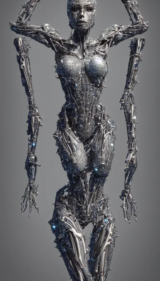 Image similar to full body detailed, ethereal, biomechanical, covered in diamonds and other gems glowing, highly detailed face, elegant posed, intricate, extremy detailed, beeple, cgsociety, 3 d unreal engine octane render. cinematic lighting, highly detailed 4 k art