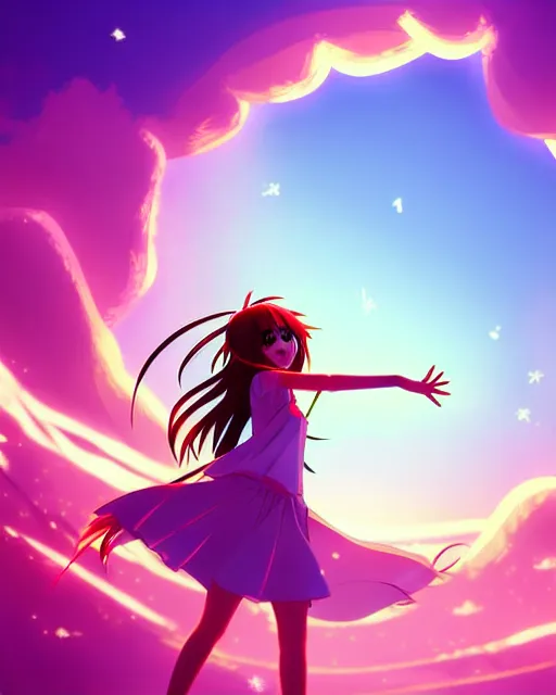 Image similar to anime style, vivid, full body, a cute girl with white skin and long pink wavy hair singing a song, heavenly, stunning, realistic light and shadow effects, happy, centered, landscape shot, happy, simple background, studio ghibly makoto shinkai yuji yamaguchi