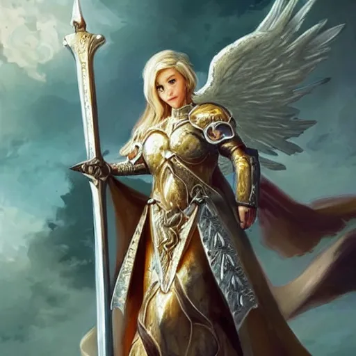 Prompt: Angelic female knight wielding a great sword, elegant, fantasy, D&D, vibrant