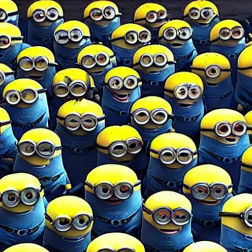 Image similar to haunted minions from minions, scary scene