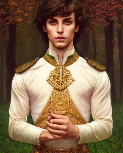 Prompt: symmetry portrait of welsh brunette prince in mans tunic, glam, fae, short hair, forest background, intricate, elegant, highly detailed, digital painting, artstation, concept art, smooth, sharp focus, illustration, art by artgerm and greg rutkowski and fra angelico and alphons mucha