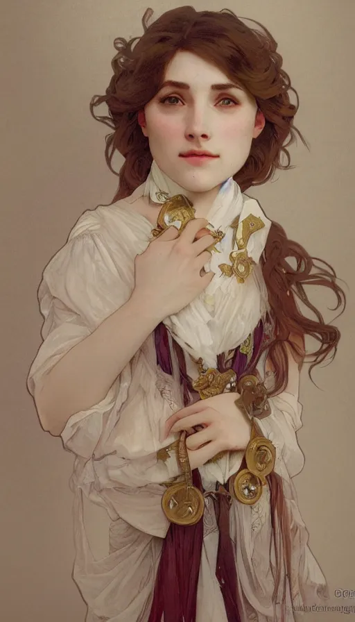 Prompt: elegant, cute girl portrait with open chest white ancient clothes by Alphonse Mucha, and Octane Render